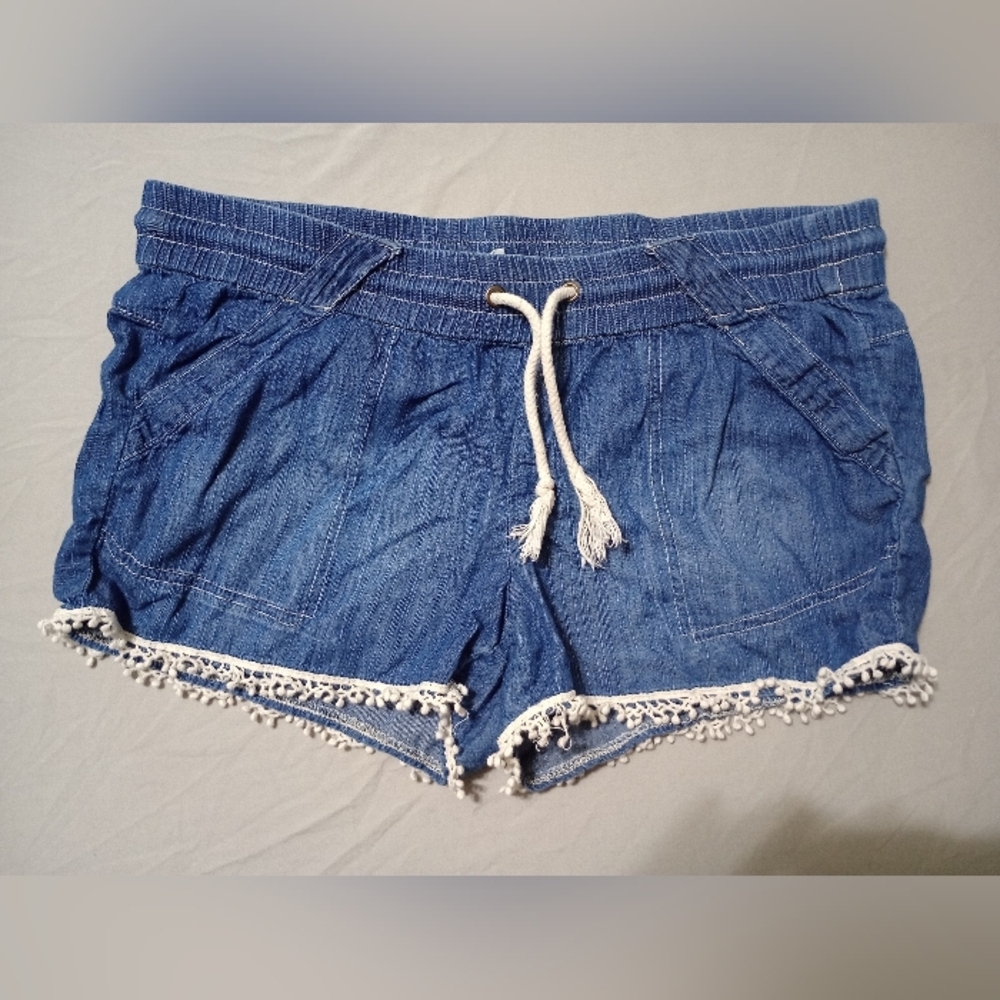 Jolt Denim Shorts Size 9 Lace Fringe Drawstring Pockets Elastic Waist Preppy Y2k